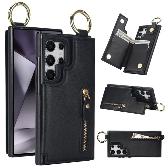 JTCASES for Samsung Galaxy S24 Ultra Case, PU Leather Lychee Pattern Zipper Purse Finger Ring Buckle Card Slots Stand Shell for S24 Ultra Wear-resistant Shockproof Wallet Cover, Black
