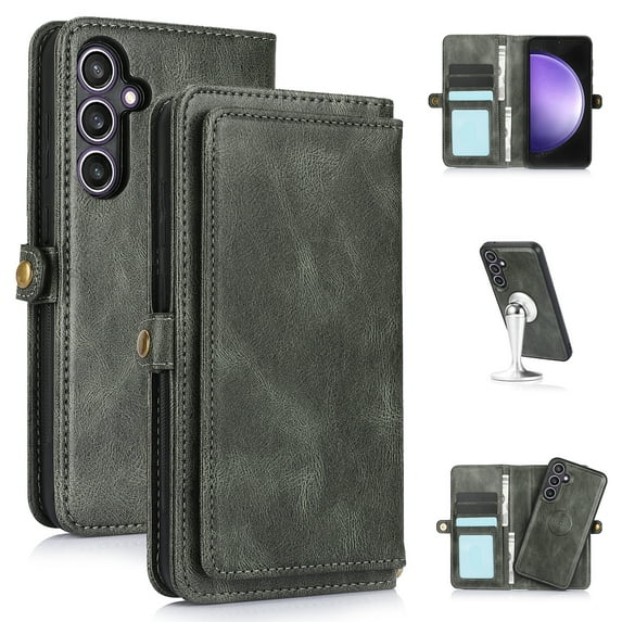 JTCASES for Samsung Galaxy S24 Wallet Case, Detachable Back Magnetic Closure 2-in-1 Shockproof Purse Cover with Card Slots, Faux PU Leather Flip Stand Wristlet Strap Shockproof Cover, Green