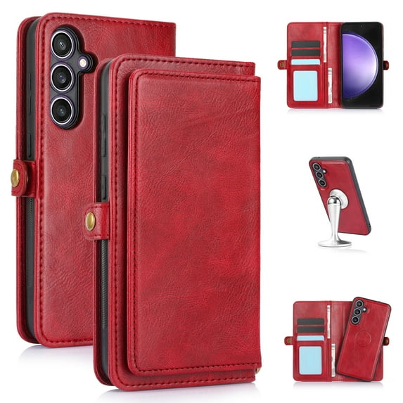 JTCASES for Samsung Galaxy S24 Wallet Case, Detachable Back Magnetic Closure 2-in-1 Shockproof Purse Cover with Card Slots, Faux PU Leather Flip Stand Wristlet Strap Shockproof Cover, Red