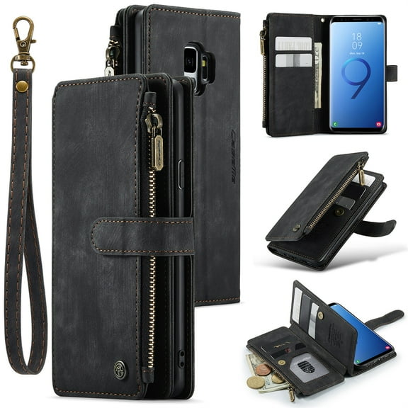 JTCASES for Samsung Galaxy S9 Wallet Case with Zipper Purse Card Holders Flip Stand Wrist Strap Magnetic Closure PU Leather Anti-scratch Support Wireless Charging Drop Resistant Shell, Black