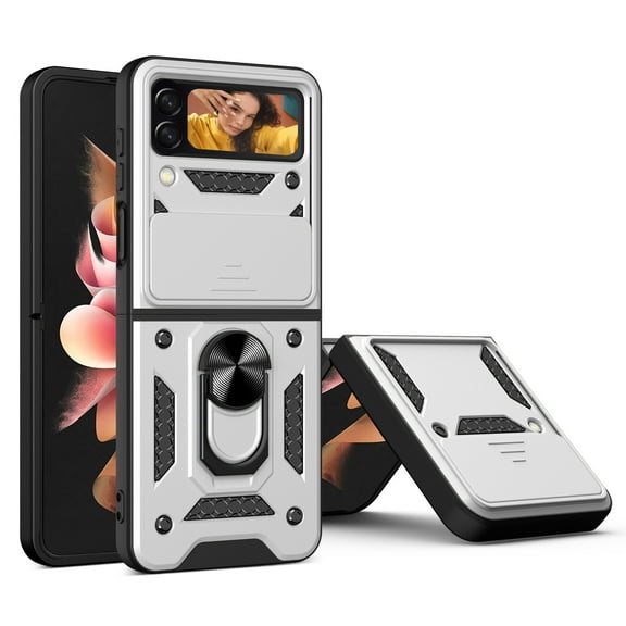 JTCASES for Samsung Galaxy Z Flip 3 Case with Sliding Lens Window Magnetic Car Mount Rotating Kickstand Hybird 3-layer Non-slipping Military-grade Protection Shell, Silver