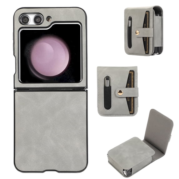 JTCASES for Samsung Galaxy Z Flip5 Case, Hinge Protection 360° Rotating Belt Clip Detachable Card Slot Pencil Holder PU Leather Shockproof Shell, Gray