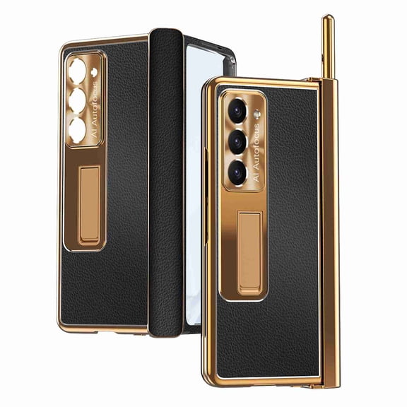 JTCASES for Samsung Galaxy Z Fold 3 Case, PU Leather Anti-scratch Bracket Hinge Protection with S Pen Holder, Lens Protection [Screen Protector] Electroplating PC Shockproof for Z Fold 3, Black+Gold