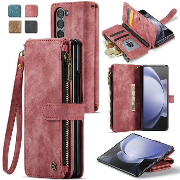 JTCASES for Samsung Galaxy Z Fold 5 Wallet Case with Zipper Purse Card Holders Flip Stand Wrist Strap Magnetic Closure PU Leather Anti-scratch Support Wireless Charging Drop Resistant Shell, Red