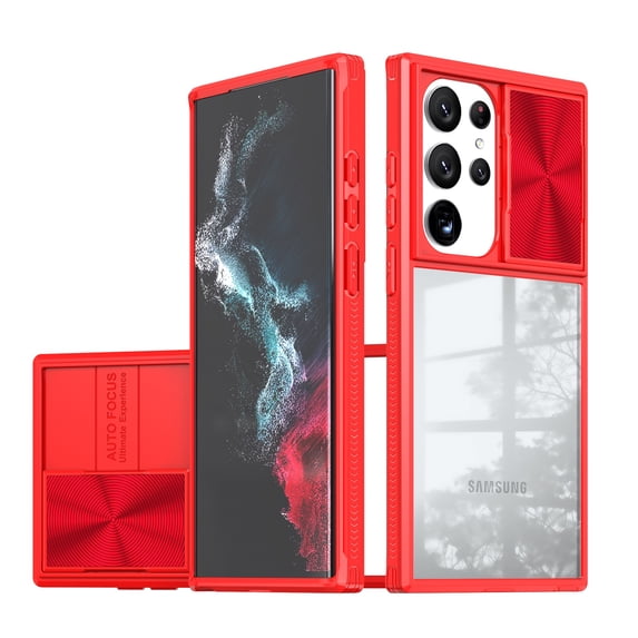 JTCASES for Samsung Glalaxy S22 Ultra Case with Slide Camera Cover Anti-yellow Crystal-clear Transparent Backplane Rugged PC Anti-slip Shockproof Hard Back Protective Shell, Red