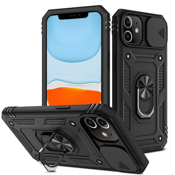 JTCASES for iPhone 11 Case, Sliding Camera Cover+ Rotating Ring Kickstand + Magnetic Car Mount + Inside Card Holder, Bracket Shockproof Frame Anti-drop PC TPU Heavy Duty Protection, Black