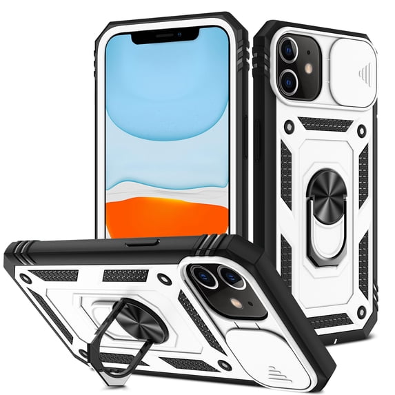 JTCASES for iPhone 11 Case, Sliding Camera Cover+ Rotating Ring Kickstand + Magnetic Car Mount + Inside Card Holder, Bracket Shockproof Frame Anti-drop PC TPU Heavy Duty Protection, Black/Silver