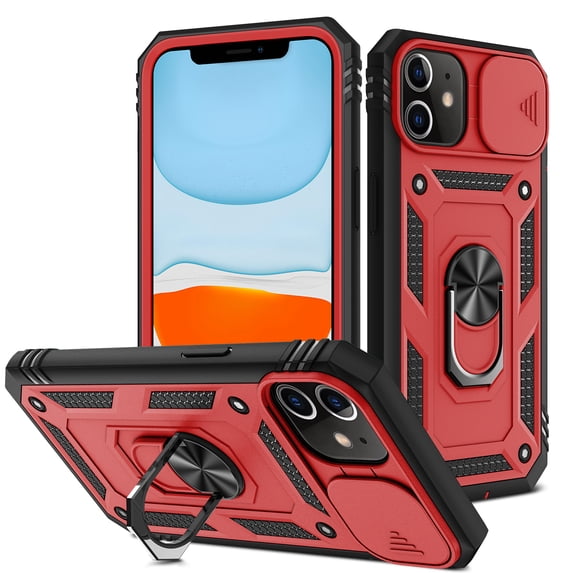 JTCASES for iPhone 11 Case, Sliding Camera Cover+ Rotating Ring Kickstand + Magnetic Car Mount + Inside Card Holder, Bracket Shockproof Frame Anti-drop PC TPU Heavy Duty Protection, Black/Red