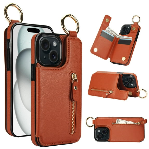 JTCASES for iPhone 12 Mini Case, PU Leather Lychee Pattern Zipper Purse Finger Ring Buckle Card Slots Stand Shell for iPhone 12 Mini Wear-resistant Shockproof Wallet Cover, Brown