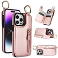 thumbnail image 1 of JTCASES for iPhone 12 Pro Case, PU Leather Lychee Pattern Zipper Purse Finger Ring Buckle Card Slots Stand Shell for iPhone 12 Pro Wear-resistant Shockproof Wallet Cover, Rosegold, 1 of 8
