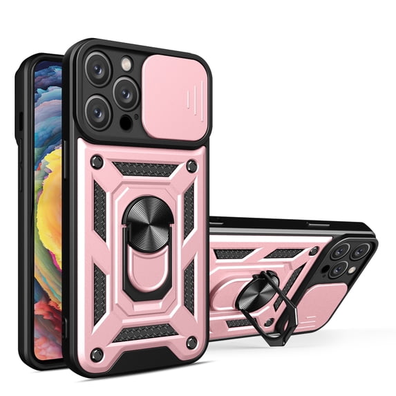 JTCASES for iPhone 12 Pro Case with Sliding Lens Window Magnetic Car Mount Rotating Kickstand Hybird 3-layer Non-slipping Military-grade Protection Shell, Rosegold