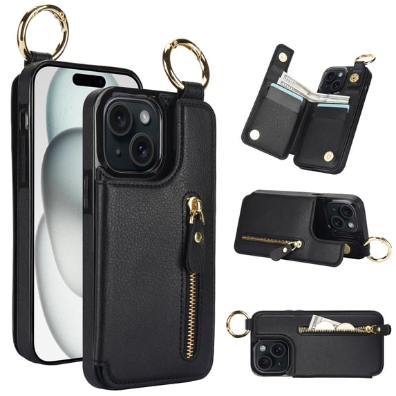 JTCASES for iPhone 13 Case, PU Leather Lychee Pattern Zipper Purse Finger Ring Buckle Card Slots Stand Shell for iPhone 13 Wear-resistant Shockproof Wallet Cover, Black