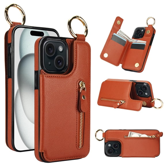 JTCASES for iPhone 13 Case, PU Leather Lychee Pattern Zipper Purse Finger Ring Buckle Card Slots Stand Shell for iPhone 13 Wear-resistant Shockproof Wallet Cover, Brown