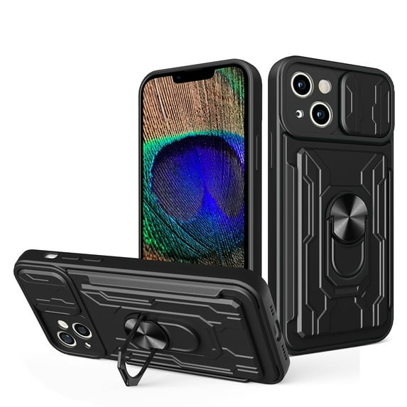 JTCASES for iPhone 13 Case, Slide Camera Window + Card Slot + Rotating Ring Bracket TPU Soft Shell & PC Backplane Car Mount Hybird Heavy Duty Shockproof Shell, Black