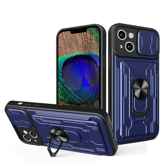 JTCASES for iPhone 13 Case, Slide Camera Window + Card Slot + Rotating Ring Bracket TPU Soft Shell & PC Backplane Car Mount Hybird Heavy Duty Shockproof Shell, Blue