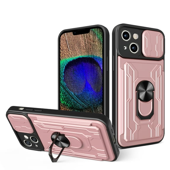 JTCASES for iPhone 13 Case, Slide Camera Window + Card Slot + Rotating Ring Bracket TPU Soft Shell & PC Backplane Car Mount Hybird Heavy Duty Shockproof Shell, Rosegold