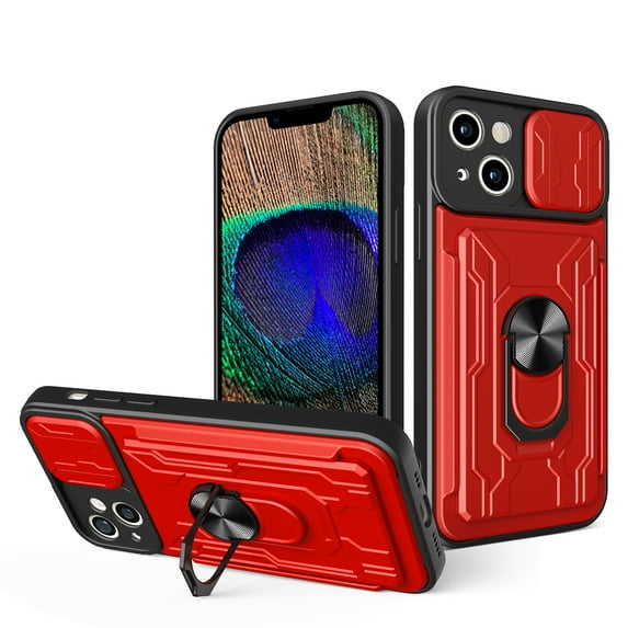 JTCASES for iPhone 13 Case, Slide Camera Window + Card Slot + Rotating Ring Bracket TPU Soft Shell & PC Backplane Car Mount Hybird Heavy Duty Shockproof Shell, Red