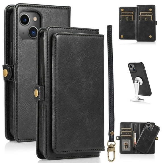 JTCASES for iPhone 13 Mini Wallet Case, Detachable Back Magnetic Closure 2-in-1 Shockproof Purse Cover with Card Slots, Faux PU Leather Flip Stand Wristlet Strap Shockproof Cover, Black