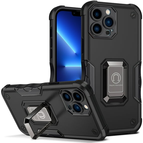 JTCASES for iPhone 13 Pro Case, Support Magnetic Car Mount Adjustable Bracket Non-slipping 2-Layer Shockproof Drop Resistant Heavy Duty Protective Slim Shell, Black