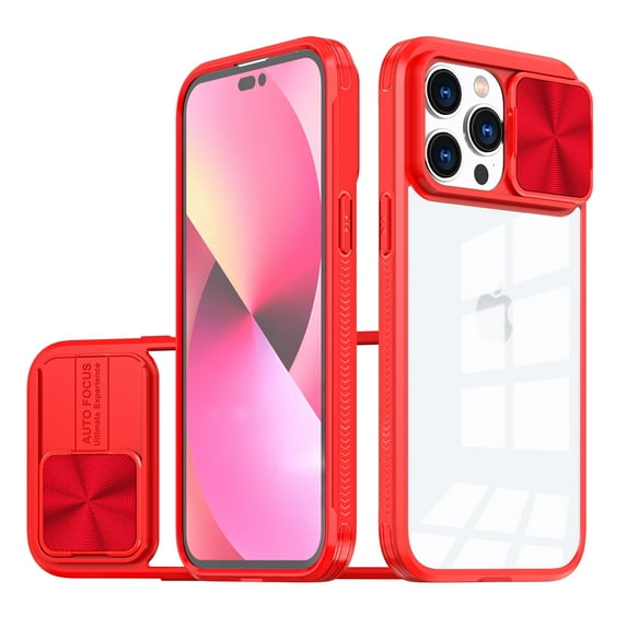 JTCASES for iPhone 13 Pro Max Case with Slide Camera Cover Anti-yellow Crystal-clear Transparent Backplane Rugged PC Anti-slip Shockproof Hard Back Protective Shell, Red