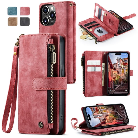 JTCASES for iPhone 13 Pro Max Wallet Case with Zipper Purse Card Holders Flip Stand Wrist Strap Magnetic Closure PU Leather Anti-scracth Support Wireless Charging Drop Resistant BUsiness Shell, Red