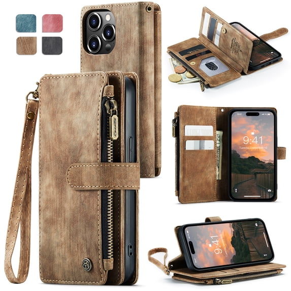 JTCASES for iPhone 13 Pro Max Wallet Case with Zipper Purse Card Holders Flip Stand Wrist Strap Magnetic Closure PU Leather Anti-scracth Support Wireless Charging Drop Resistant BUsiness Shell, Brown