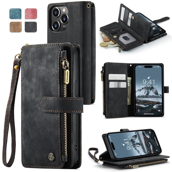 JTCASES for iPhone 13 Pro Max Wallet Case with Zipper Purse Card Holders Flip Stand Wrist Strap Magnetic Closure PU Leather Anti-scracth Support Wireless Charging Drop Resistant BUsiness Shell, Black