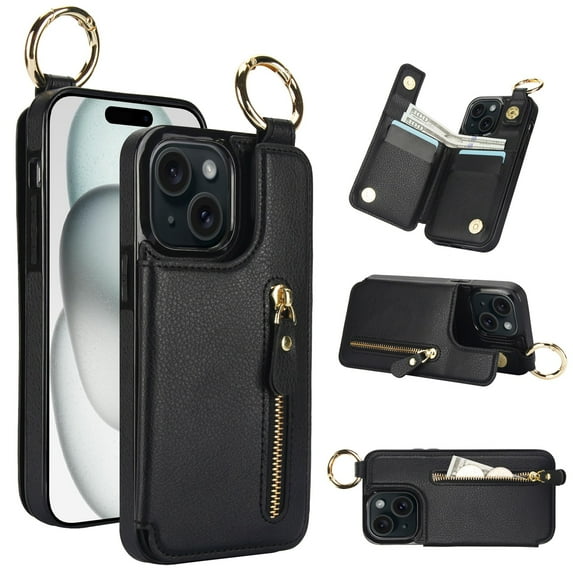 JTCASES for iPhone 14 Plus Case, PU Leather Lychee Pattern Zipper Purse Finger Ring Buckle Card Slots Stand Shell for iPhone 14 Plus Wear-resistant Shockproof Wallet Cover, Black