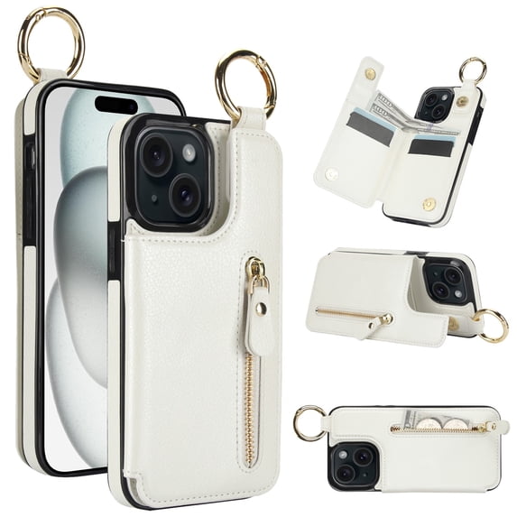 JTCASES for iPhone 14 Plus Case, PU Leather Lychee Pattern Zipper Purse Finger Ring Buckle Card Slots Stand Shell for iPhone 14 Plus Wear-resistant Shockproof Wallet Cover, White