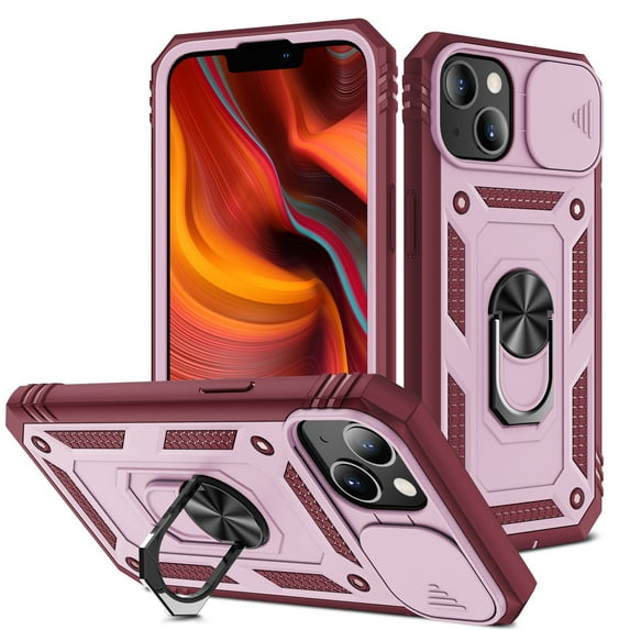 JTCASES for iPhone 14 Plus Case, Sliding Camera Cover+ Rotating Ring Kickstand + Magnetic Car Mount + Inside Card Holder, Bracket Shockproof Frame Anti-drop PC TPU Heavy Duty Protection, Rose/Pink