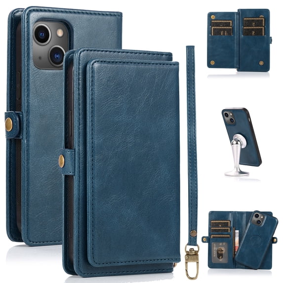 JTCASES for iPhone 14 Plus Wallet Case, Detachable Back Magnetic Closure 2-in-1 Shockproof Purse Cover with Card Slots, Faux PU Leather Flip Stand Wristlet Strap Shockproof Cover, Blue