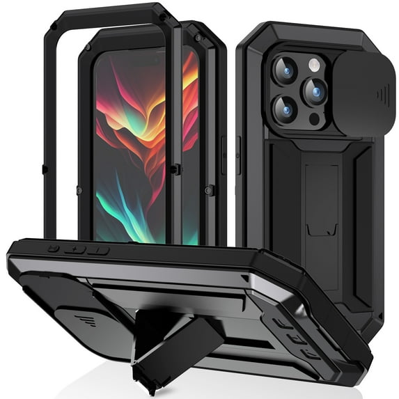 JTCASES for iPhone 14 Pro Case with Lens Sliding Window + Screen Protector Wireless Charging Built-in Kickstand Drop Resistant Hybird 3-layer Heavy Duty Protective Shell, Black