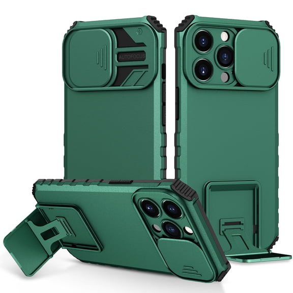 JTCASES for iPhone 14 Pro Case, Sliding Camera Cover & Foldable Kickstand Shockproof Corners Anti-fall Rugged Anti-slip PC TPU Heavy Duty Protective Hybitd Shell - Darkgreen