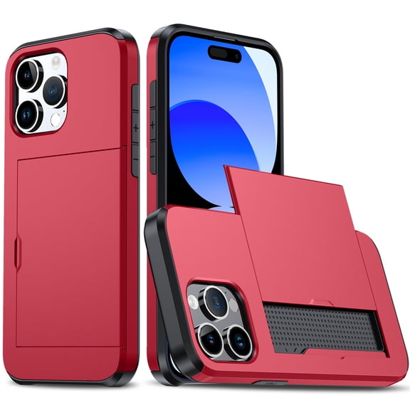 JTCASES for iPhone 14 Pro Max Case with Hidden Card Slot[Up to 2] Shockproof Silicone Bumper Rugged Cover Drop Resistant Slim Hybird for iPhone 14 Pro Max Anti-scratch, Red