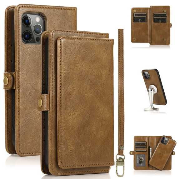 JTCASES for iPhone 14 Pro Max Wallet Case, Detachable Back Magnetic Closure 2-in-1 Shockproof Purse Cover with Card Slots, Faux PU Leather Flip Stand Wristlet Strap Shockproof Cover, Brown