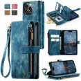 thumbnail image 1 of JTCASES for iPhone 14 Pro Max Wallet Case with Zipper Purse Card Holders Flip Stand Wrist Strap Magnetic Closure PU Leather Anti-scracth Support Wireless Charging Drop Resistant BUsiness Shell, Blue, 1 of 10