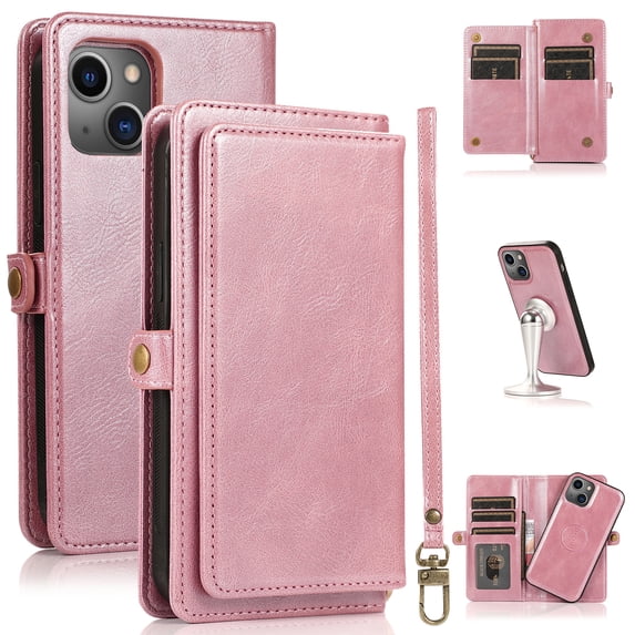 JTCASES for iPhone 14 Wallet Case, Detachable Back Magnetic Closure 2-in-1 Shockproof Purse Cover with Card Slots, Faux PU Leather Flip Stand Wristlet Strap Shockproof Cover for iPhone 14, Rosegold