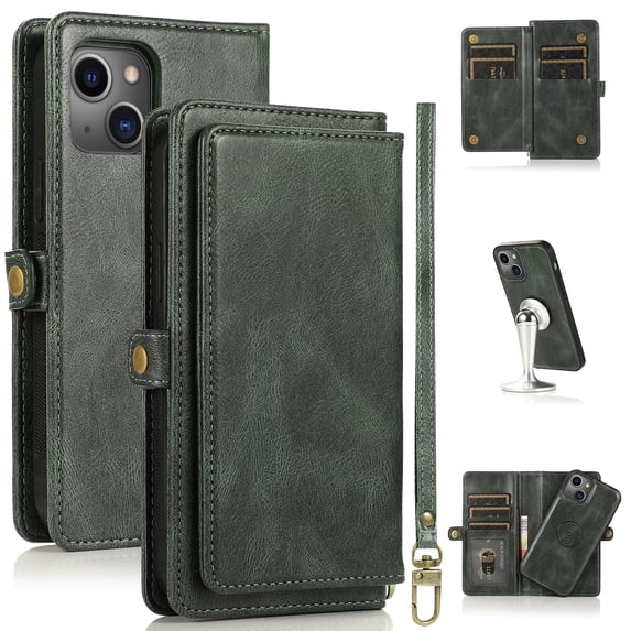 JTCASES for iPhone 14 Wallet Case, Detachable Back Magnetic Closure 2-in-1 Shockproof Purse Cover with Card Slots, Faux PU Leather Flip Stand Wristlet Strap Shockproof Cover for iPhone 14, Green