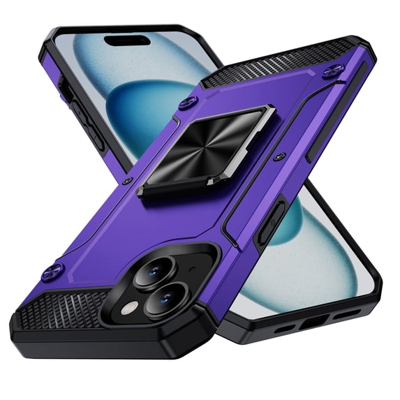 JTCASES for iPhone 15 Armor Case, Built-in Rotatable Kickstand Anti-slip Bumper Heavy Duty Protective Hybird Shockproof Anti-fall Shell Car Mount, Purple