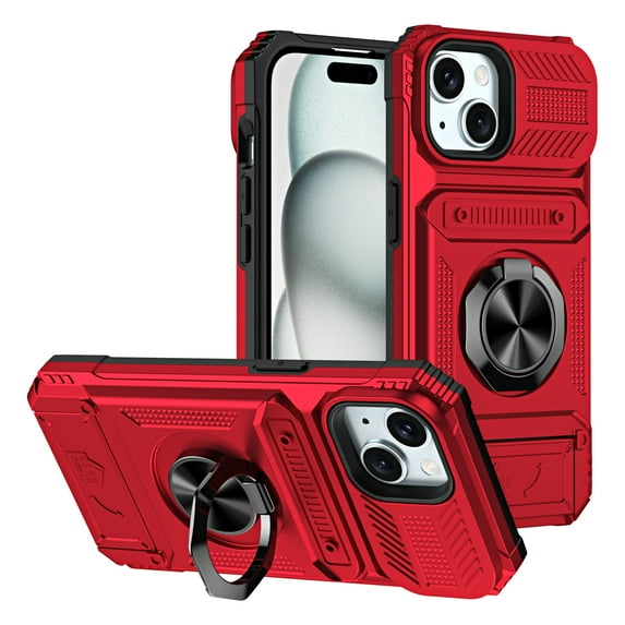 JTCASES for iPhone 15 Case with Card Holder, Rotating Kickstand Car Mount Heavy Duty Shockproof Hybrid Rugged Drop Protective Cover for Women Men Girls 6.1 inch, Red