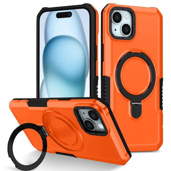 JTCASES for iPhone 15 Case, Lens Protective Frame Foldable Rotating Bracket 2-layer Anti-fall Shockproof Anti-scratch Rugged Shell for iPhone 15, Orange