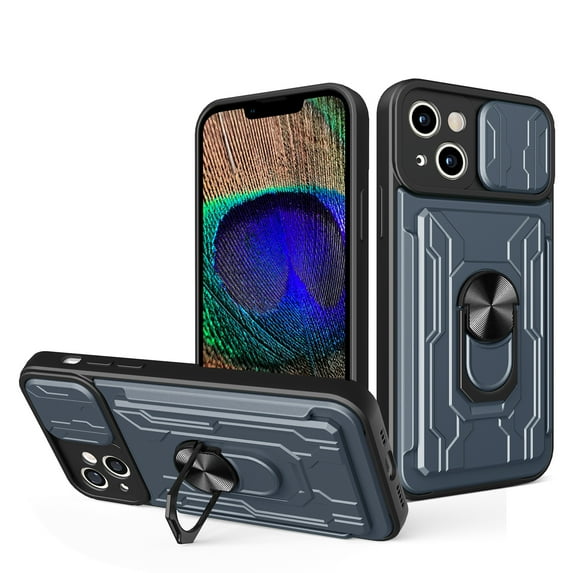 JTCASES for iPhone 15 Case, Slide Camera Window + Card Slot + Rotating Ring Bracket TPU Soft Shell & PC Backplane Car Mount Hybird Heavy Duty Shockproof Shell, Gray