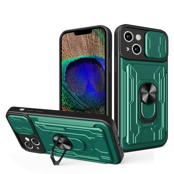 JTCASES for iPhone 15 Case, Slide Camera Window + Card Slot + Rotating Ring Bracket TPU Soft Shell & PC Backplane Car Mount Hybird Heavy Duty Shockproof Shell, Green