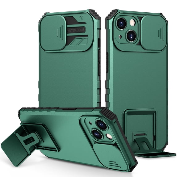 JTCASES for iPhone 15 Case, Sliding Camera Cover & Foldable Kickstand Shockproof Corners Anti-fall Rugged Anti-slip PC TPU Heavy Duty Protective Hybitd Shell - Darkgreen
