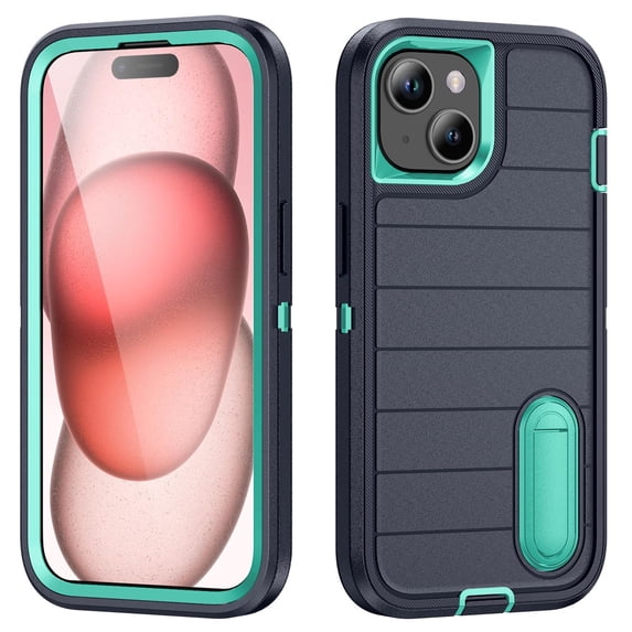 JTCASES for iPhone 15 Case, iPhone 15 Case with Built in Kickstand, Shockproof/DropProof Military Grade Protective Cover for iPhone 15 6.1" 2023, Darkblue/Mint