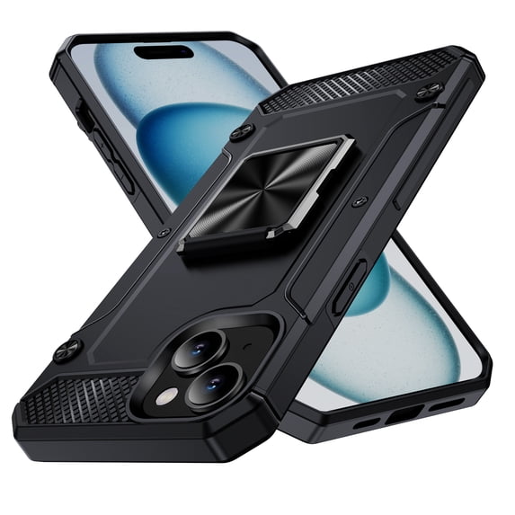 JTCASES for iPhone 15 Plus Armor Case, Built-in Rotatable Kickstand Anti-slip Bumper Heavy Duty Protective Hybird Shockproof Anti-fall Shell Car Mount, Black