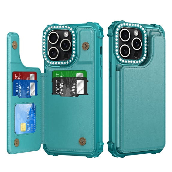 JTCASES for iPhone 15 Pro Case, PU Leather Flip Stand Card Slots RFID Blocking Wallet Cover Diamond Camera Frame Shockproof Protective Cover for iPhone 15 Pro, Green