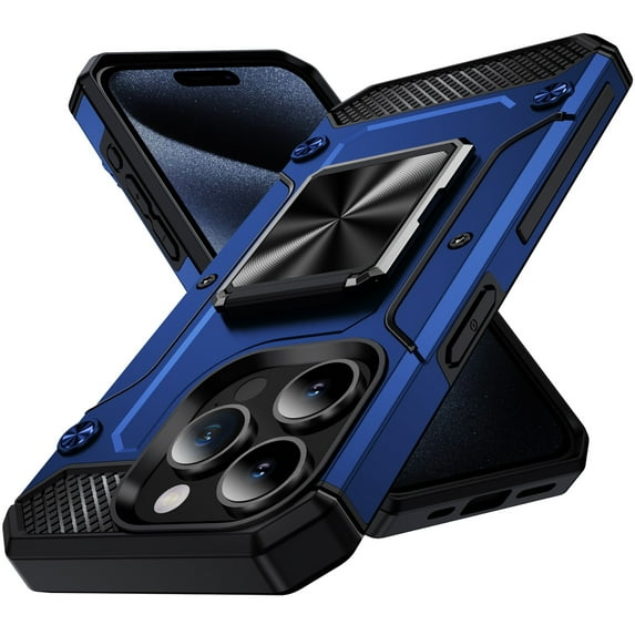 JTCASES for iPhone 15 Pro Max Armor Case, Built-in Rotatable Kickstand Anti-slip Bumper Heavy Duty Protective Hybird Shockproof Anti-fall Shell Car Mount, Blue