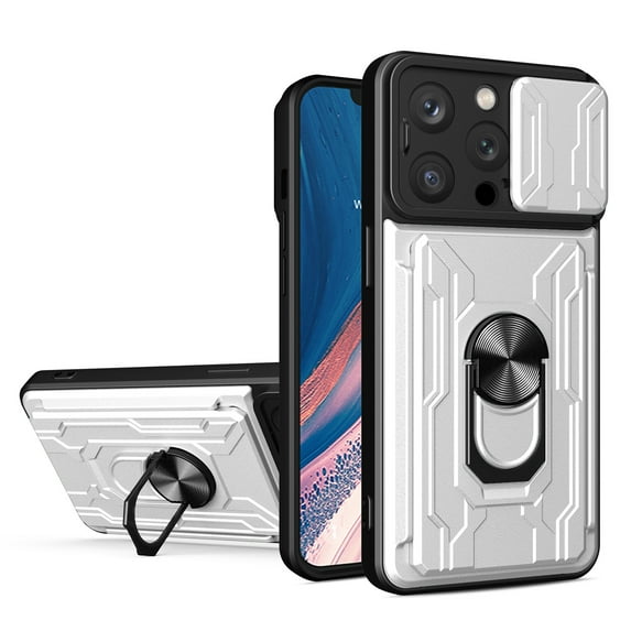 JTCASES for iPhone 15 Pro Max Case, Slide Camera Window + Card Slot + Rotating Ring Bracket TPU Soft Shell & PC Backplane Car Mount Hybird Heavy Duty Shockproof Shell, White