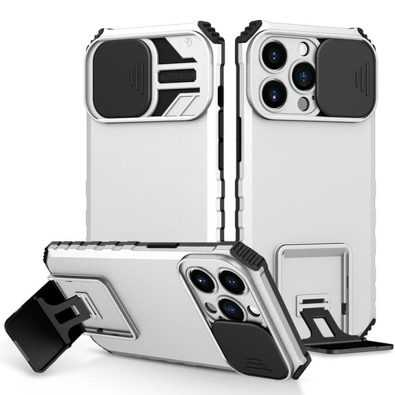 JTCASES for iPhone 15 Pro Max Case, Sliding Camera Cover & Foldable Kickstand Shockproof Corners Anti-fall Rugged Anti-slip PC TPU Heavy Duty Protective Hybitd Shell - White